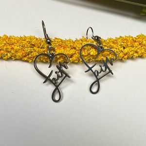 “Faith” heart earrings. Silver tone lightweight. NIP. 1 1/8”  matching necklace.